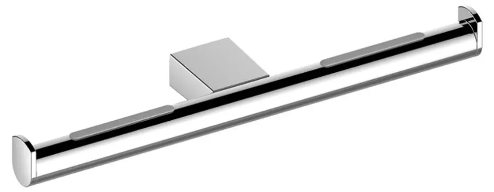 Toilettenpapierhalter aus verchromtem Aluminium mit zwei Halterungen, montiert an einer quadratischen Wandbefestigung. Design von Keuco.